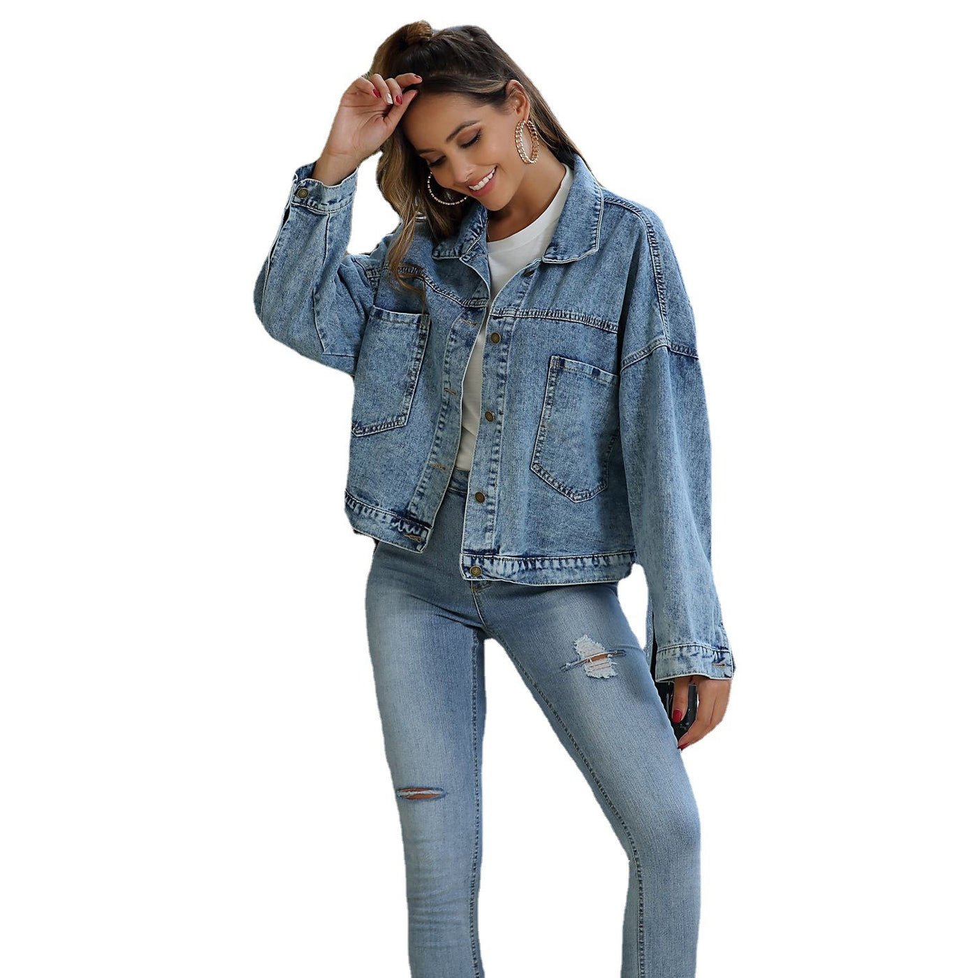 Veste En Jean Décontractée Courte Loose Bleue De L'eau